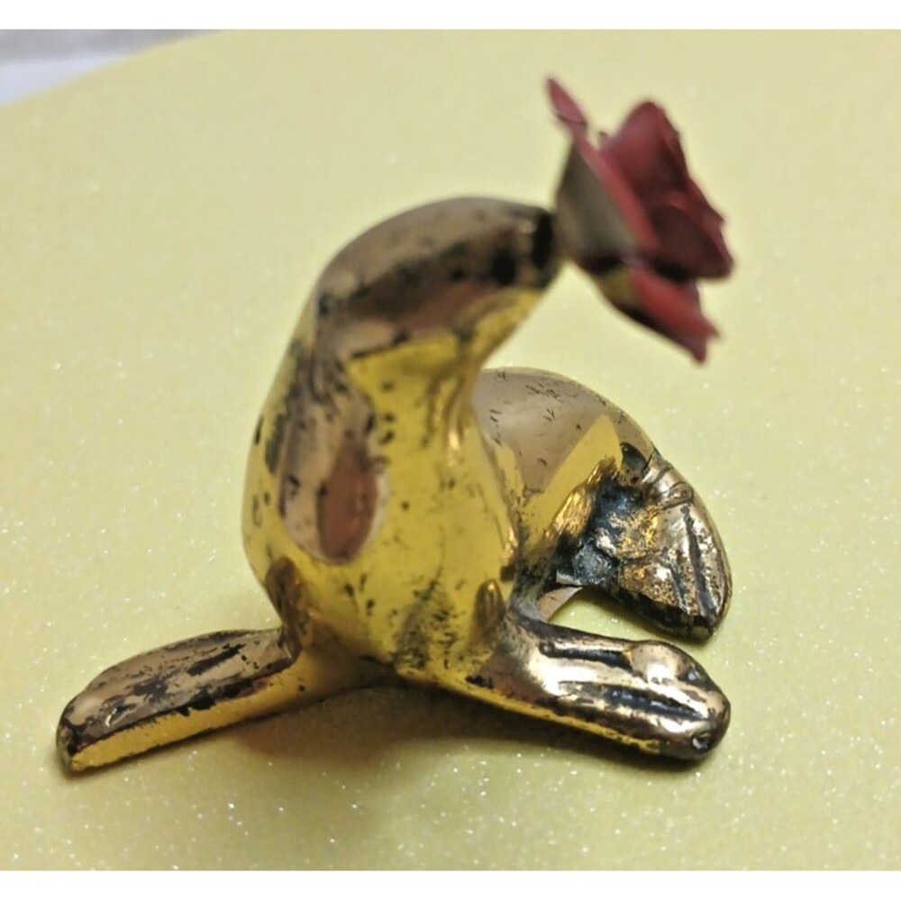 Vintage Rare 1970s Enesco Cast Brass Seal With Red Rose